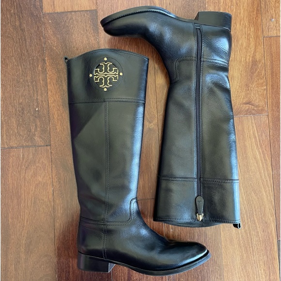 Tory Burch Shoes - Tory Burch Kiernan Riding Boots Leather Logo Gold Hardware Full Zip Shoes Luxury